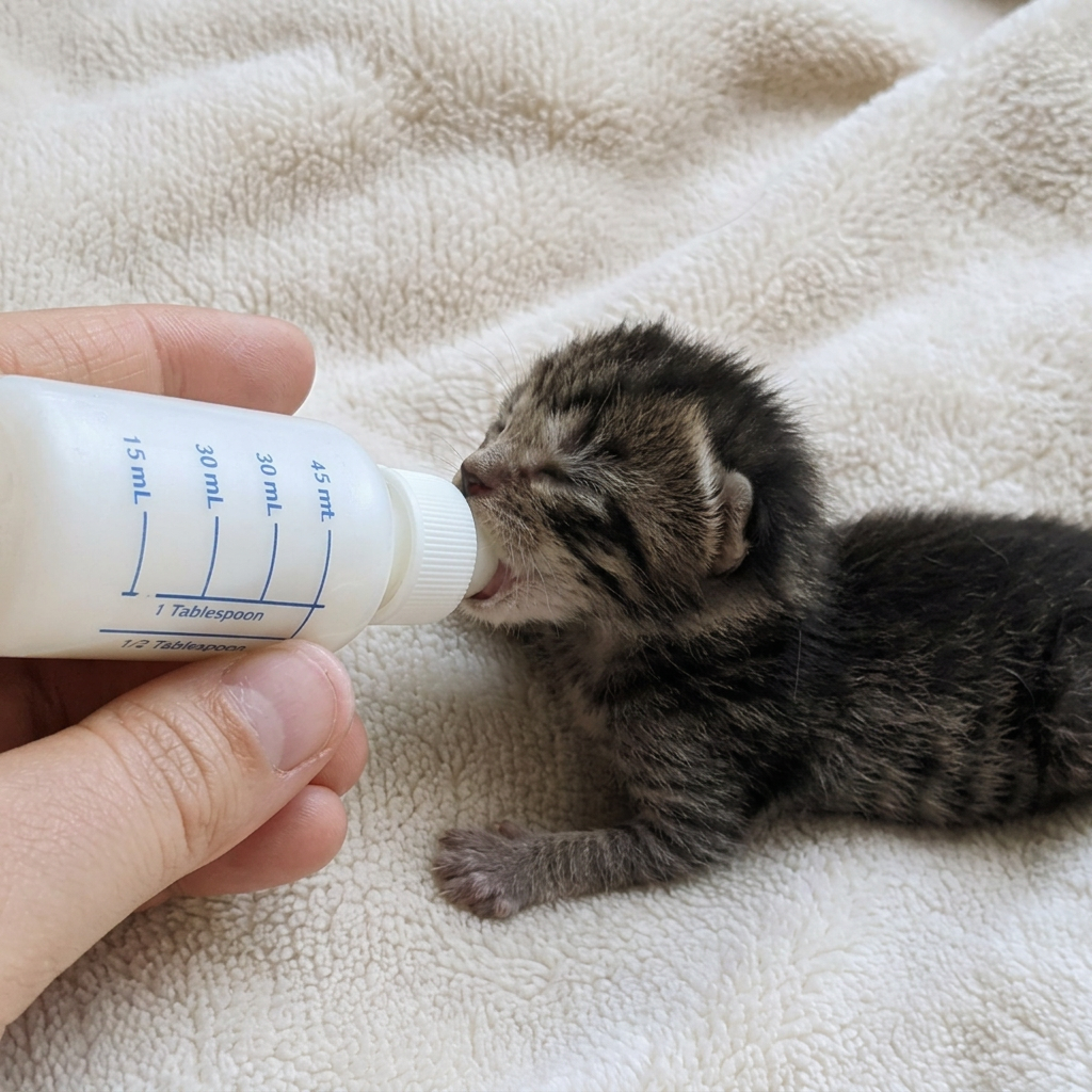 A tiny neonatal bottle-baby kitten being gently fed